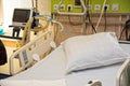 pillow on a modern medical bed and a special device in the modern ward of resuscitation in the hospital (patient recovery, death
