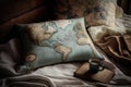 a pillow with a serene landscape view on the front and a map of the world on the back