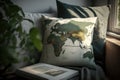 a pillow with a serene landscape view on the front and a map of the world on the back
