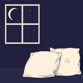 Pillow sketch. Sweet dream. Bedroom interior. Bed cushion. Comfortable bedding. Night dark sky with crescent and stars