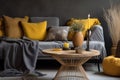 home sofa fabric house modern grey pillow interior decor cushion yellow. Generative AI.