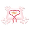 Pillow with wedding rings and red heart ribbon isolated vector illustration Royalty Free Stock Photo