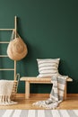 Pillow on wooden stool next to bag in green living room interior with rug. Real photo Royalty Free Stock Photo