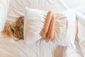 Pillow young phone hands girl sleep mobile beautiful eyes view, from white caucasian from person and calm bedding Royalty Free Stock Photo