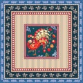 Pillowcase with fiery peacock and botanical frame. Indian motif