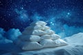 Pillows Arranged In A Pyramid Under A Starry Night Sky, Promoting Restful Sleep