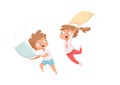 Pillows battle. Happy children have fun. Free time, kids playing together. Girl and boy in pajamas vector characters