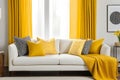 Pillows with geometric pattern lying on a white sofa in cozy living room with yellow curtains Royalty Free Stock Photo