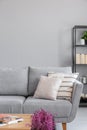 Pillows on grey couch in minimal living room interior with copy space on empty wall Royalty Free Stock Photo