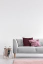 Pillows on grey couch and pink carpet in white living room interior with copy space. Real photo Royalty Free Stock Photo