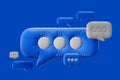 Pillows shaped like speech bubbles with three dots, in blue and gray, on a solid blue background. 3D Rendering