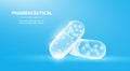 Pills. Abstract 3d polygonal wireframe two capsule pills on blue background with dots and stars Royalty Free Stock Photo