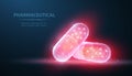 Pills. Abstract 3d polygonal wireframe two capsule pills on blue background with dots and stars. Royalty Free Stock Photo