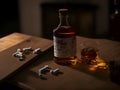 Pills and alcohol on the table. Incompatibility of using pills and alcohol. Generation AI