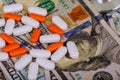 pills on American hundred dollar bills medical industry profit concept Royalty Free Stock Photo