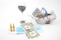 Pills, ampoules and syringe for injection, money dollars and hourglass on a white background. business and medicine