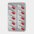 Pills blister pack 3d realistic vector illustration. White red capsule antibiotic tablets mock up  isolated on white Royalty Free Stock Photo