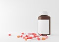 Pills and bottle with blank label on the white background. Medicines, tablets. Medical bottle mock up. Health