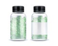 Pills bottle mockup, green medicine oval capsules