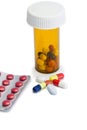 Pills with box pills and serynge Royalty Free Stock Photo