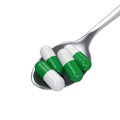 Pills capsule on spoon isolated on white background, 3D rendering Royalty Free Stock Photo