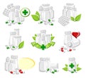 Pills and capsules elements set. Medical bottle collection. Vector