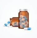 Pills Capsules in Medical Glass Bottle. Vector