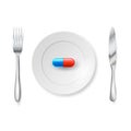 Pills or capsules on a plate with a fork and knife. Vector realistic illustration. isolated on white background. Drug prescription