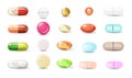 Pills and capsules realistic set. Tablets, vitamins and food supplement. Medicament and treatment