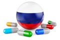 Pills capsules with Russian flag. 3D rendering Royalty Free Stock Photo