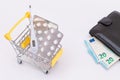 Pills and Capsules in a Shopping Cart and Black Wallet with Euro Money