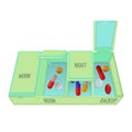 Pills and capsules in special container with dosage