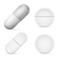 Pills Capsules Template, 3d Realistic White Medical Pill Icon Set Closeup. Pharmacy treatment. Vector Royalty Free Stock Photo