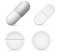 Pills Capsules Template, 3d Realistic White Medical Pill Icon Set Closeup. Pharmacy treatment. Vector Royalty Free Stock Photo