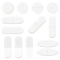 Pills and capsules templates set isolated on white background. White different forms medicine tablets drugs collection.