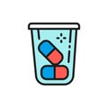 Pills container, medications, vitamins flat color line icon.