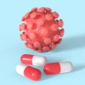 Pills for coronavirus. Covid-19 therapy. Pharmacy for virus. Ncov research. 3d render Royalty Free Stock Photo