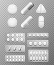 Pills 3d set. White tablet, drug and pill. Medicine close-up capsules isolated. Aspirin painkiller paracetamol drugs