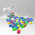 Pills 3d spilling out of pill bottle on white Royalty Free Stock Photo