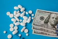 Pills on dollar money on blue background. Medicine expenses. High costs of medication concept. Close up Royalty Free Stock Photo