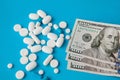 Pills on dollar money on blue background. Medicine expenses. High costs of medication concept. Close up Royalty Free Stock Photo