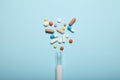 Pills and drug addiction. Antibiotic, aspirin, calcium. Emergency concept