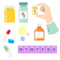 Pills and drug medicaments in flat style.