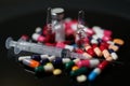 Pills and drugs. Medicine, capsules, tablets, injection, syringe Royalty Free Stock Photo