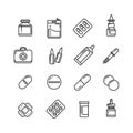 Pills, drugs, pharmacy medicine, medication line vector icons