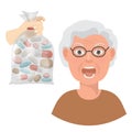Pills for elderly patient vector illustration. Hand of doctor or pharmacist holds bag with tablets for grandmother