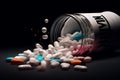 Pills falling out of a bottle on floor with black background, White medical pills and tablets spilling out of a drug bottle Royalty Free Stock Photo