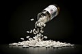 Pills falling out of a bottle on floor with black background, White medical pills and tablets spilling out of a drug bottle Royalty Free Stock Photo