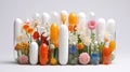 Capsules with different pills and flowers on a white background. Various pills, flowers and herbs