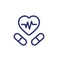 pills for heart, cardiac medication line icon